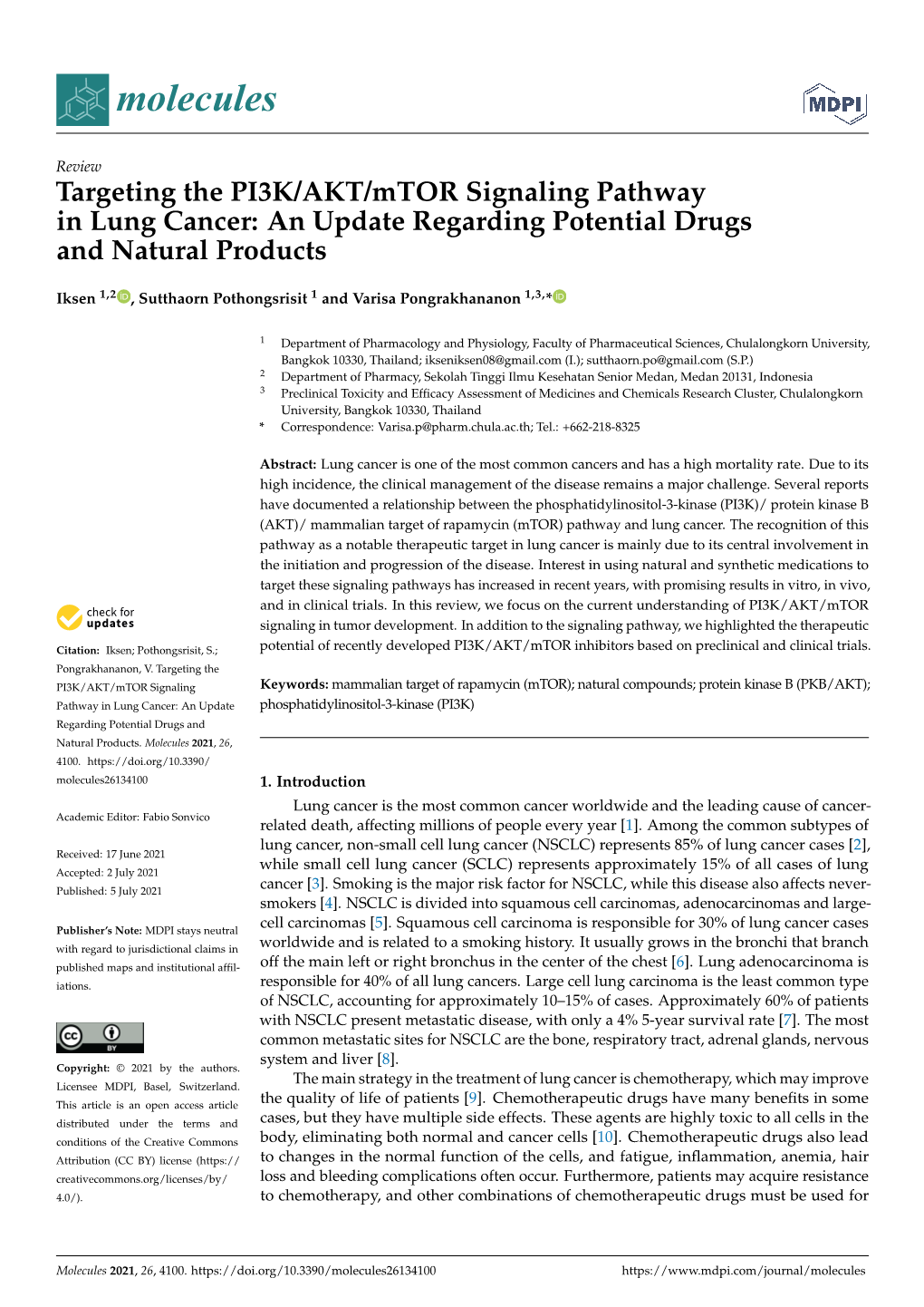 Targeting the PI3K/AKT/Mtor Signaling Pathway in Lung Cancer: an Update Regarding Potential Drugs and Natural Products