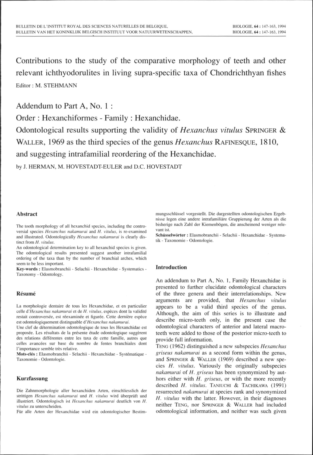 Contributions to the Study of the Comparative Morphology Of