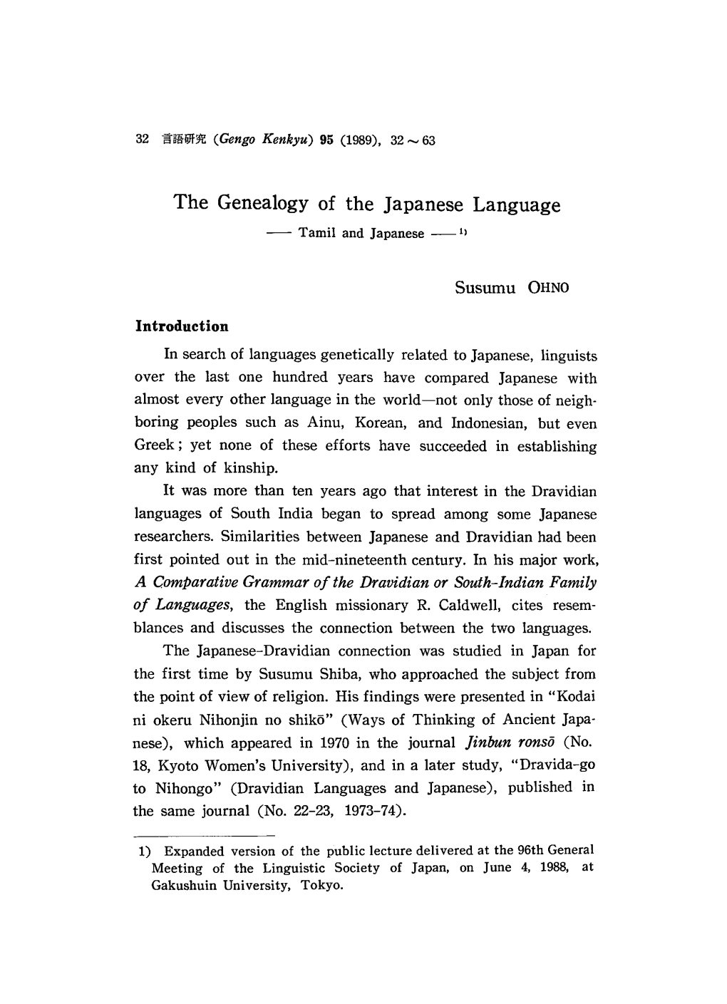 The Genealogy of the Japanese Language Tamil and Japanese 1)