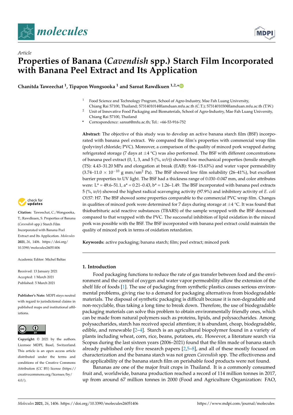 (Cavendish Spp.) Starch Film Incorporated with Banana Peel Extract and Its Application