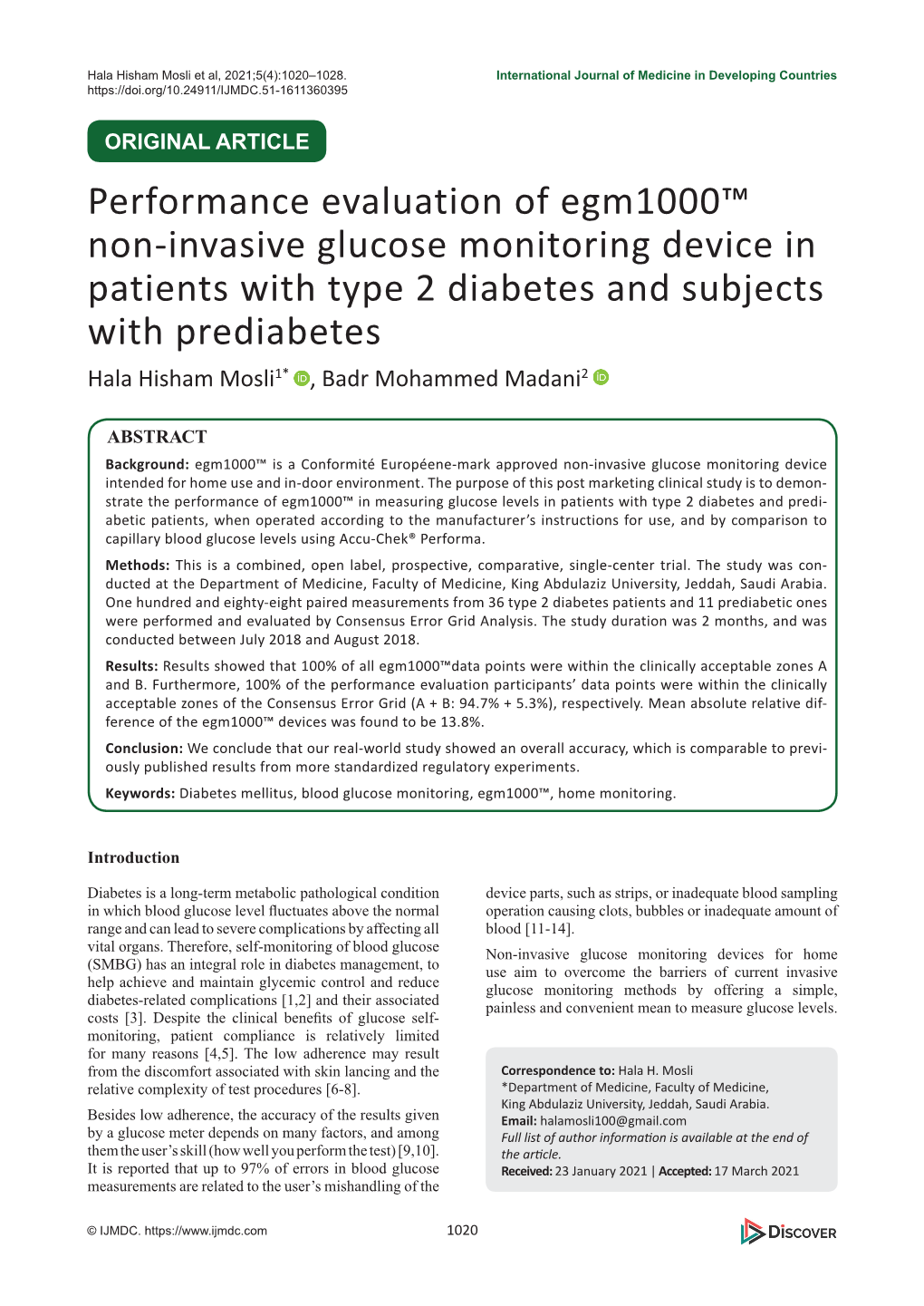 Performance Evaluation of Egm1000™ Non-Invasive Glucose Monitoring Device in Patients with Type 2 Diabetes and Subjects with P