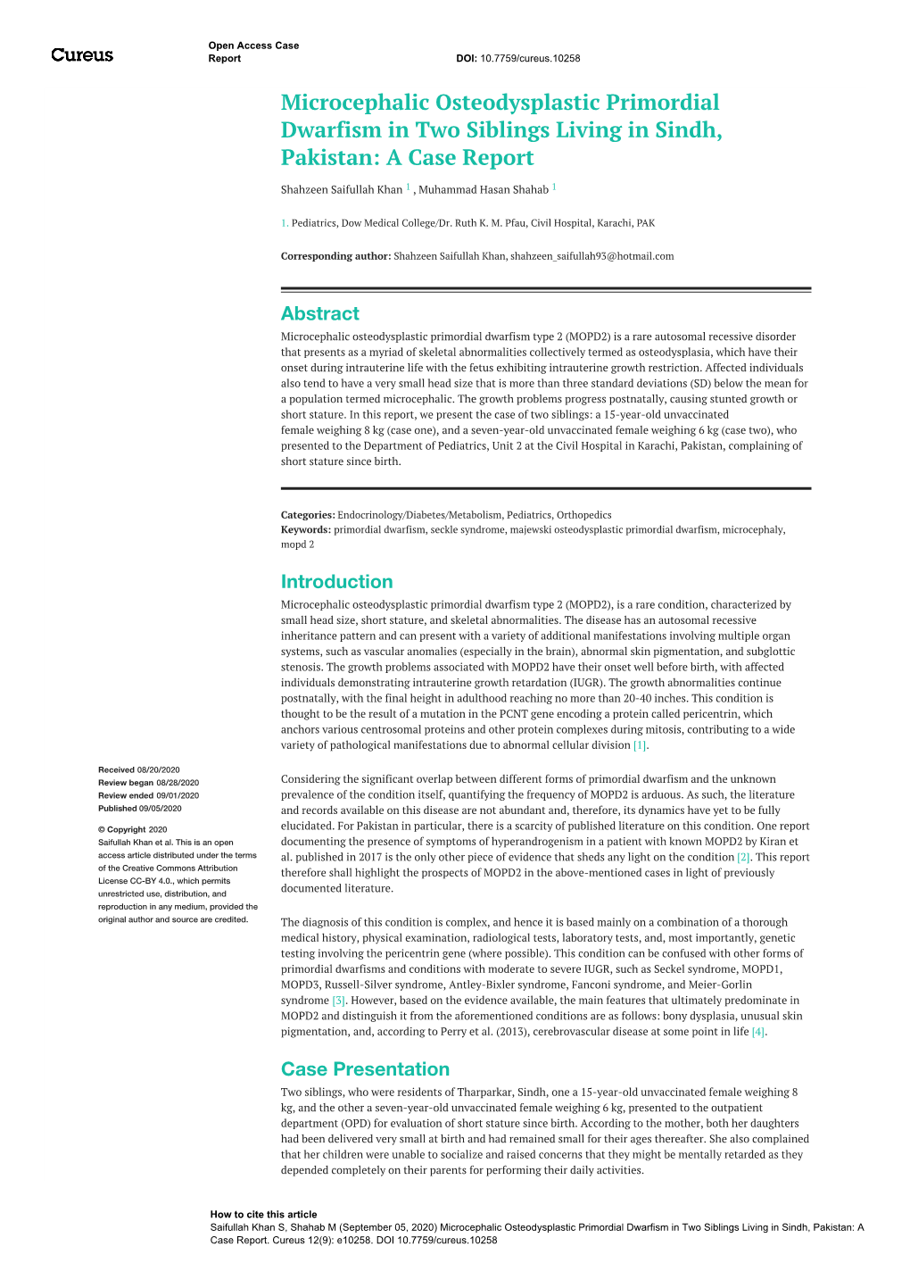 Microcephalic Osteodysplastic Primordial Dwarfism in Two Siblings Living in Sindh, Pakistan: a Case Report