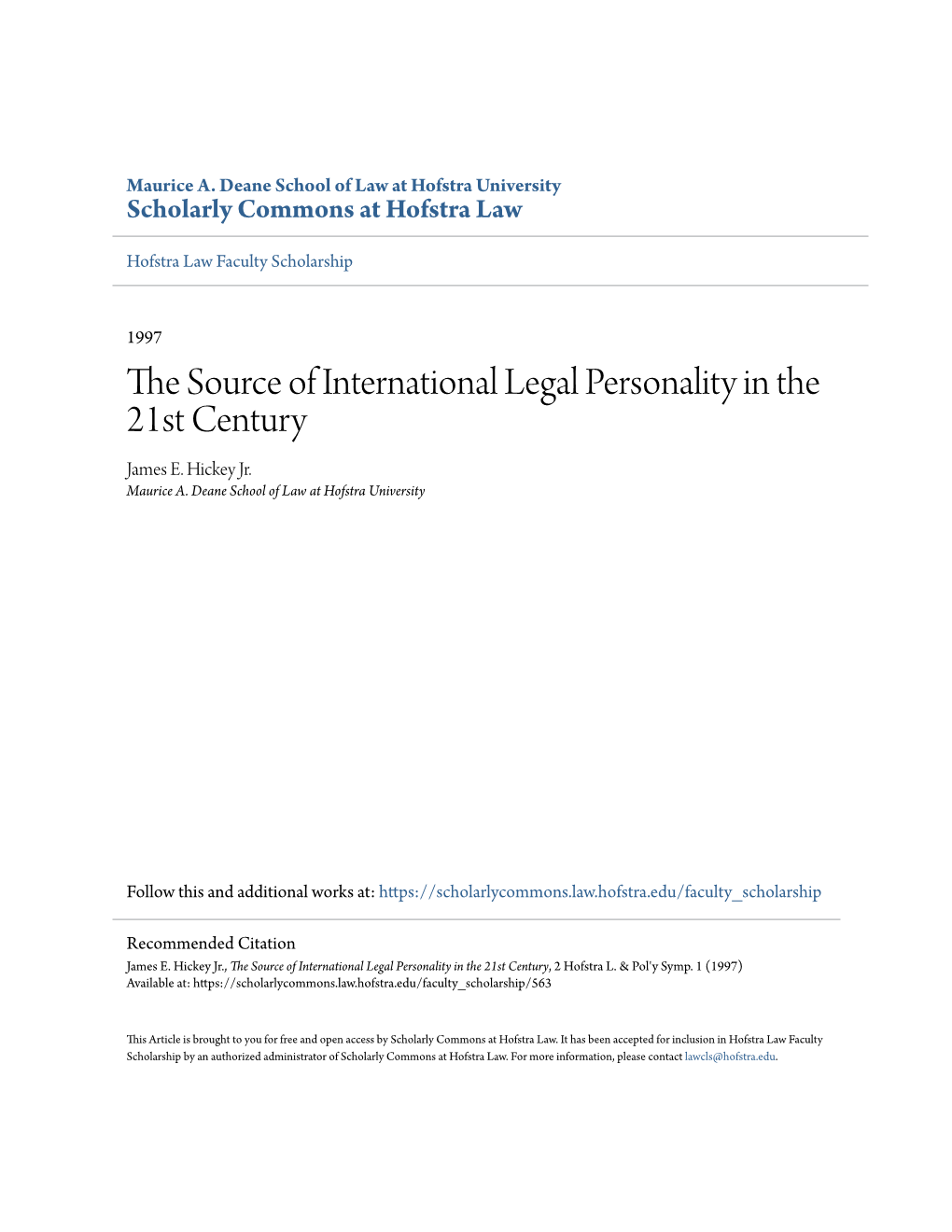 The Source of International Legal Personality in the 21St Century, 2 Hofstra L