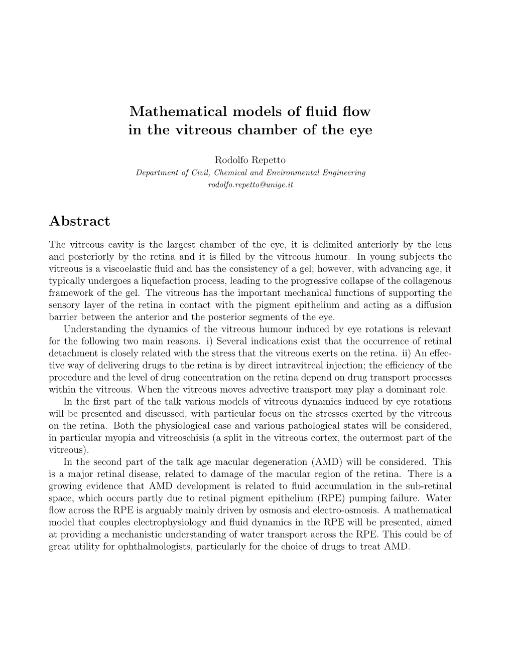 Mathematical Models of Fluid Flow in the Vitreous Chamber of the Eye