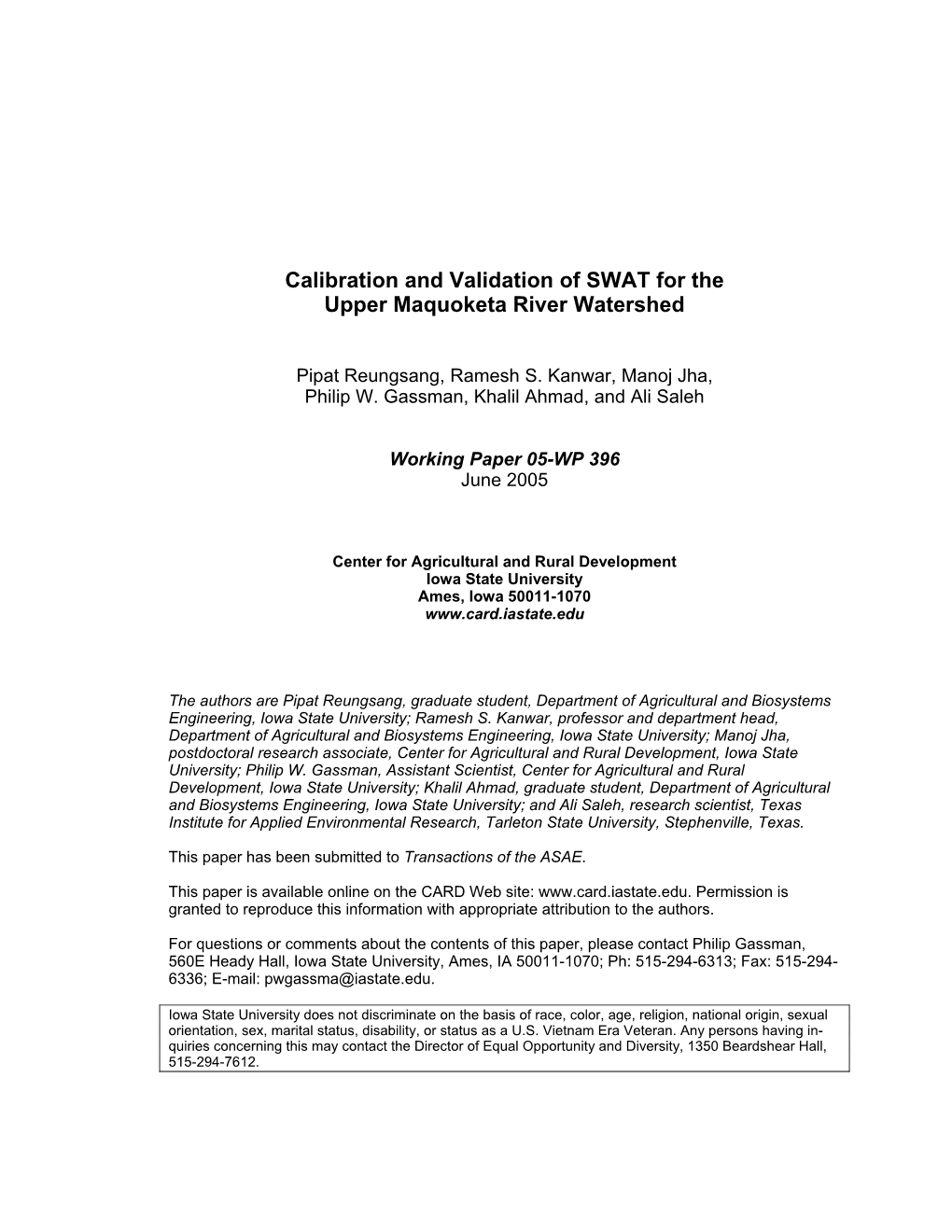 Calibration and Validation of SWAT for the Upper Maquoketa River Watershed