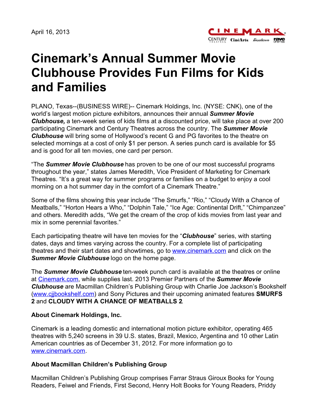 Cinemark's Annual Summer Movie Clubhouse Provides Fun Films For