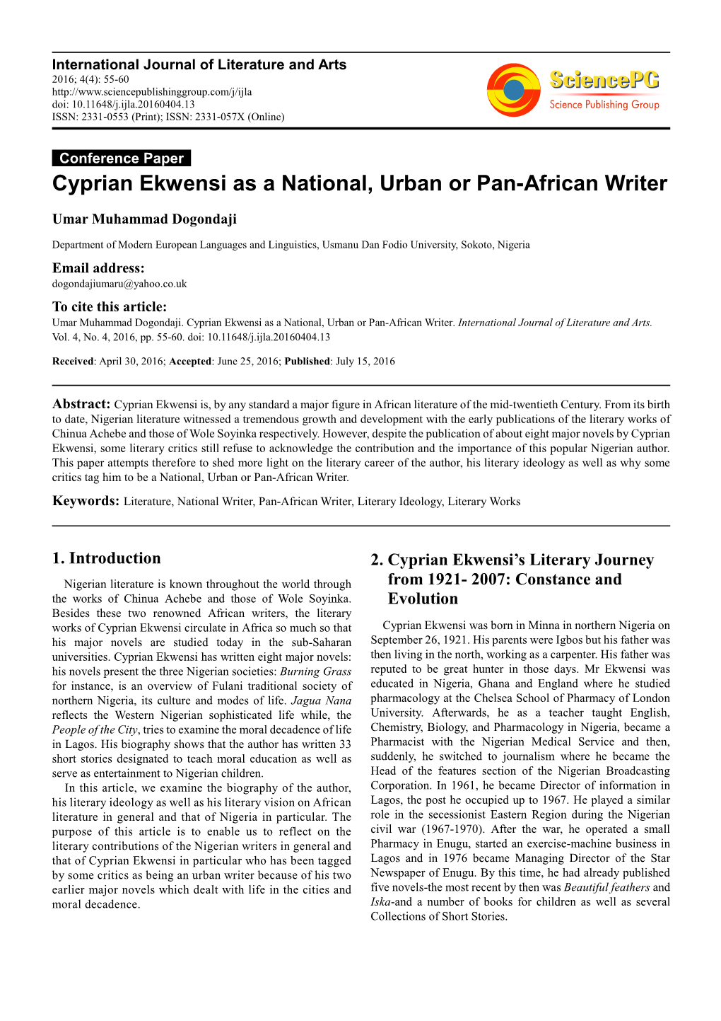 Cyprian Ekwensi As a National, Urban Or Pan-African Writer