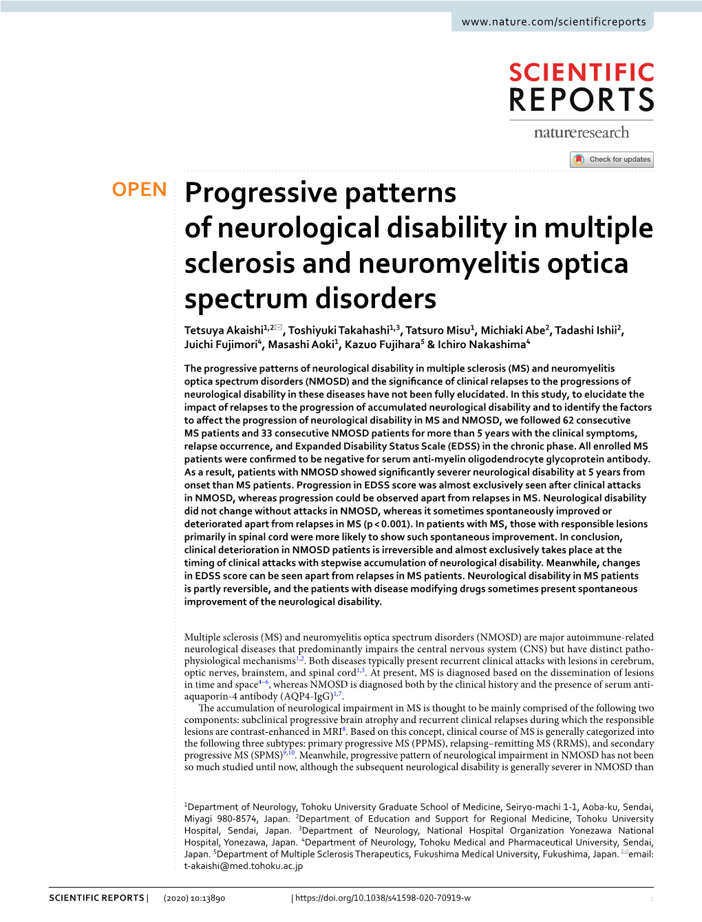 Progressive Patterns of Neurological Disability in Multiple Sclerosis and Neuromyelitis Optica Spectrum Disorders