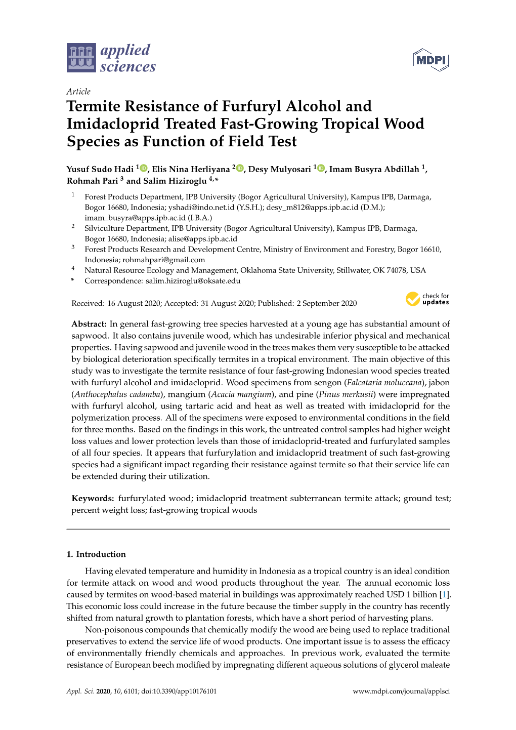 Termite Resistance of Furfuryl Alcohol and Imidacloprid Treated Fast-Growing Tropical Wood Species As Function of Field Test