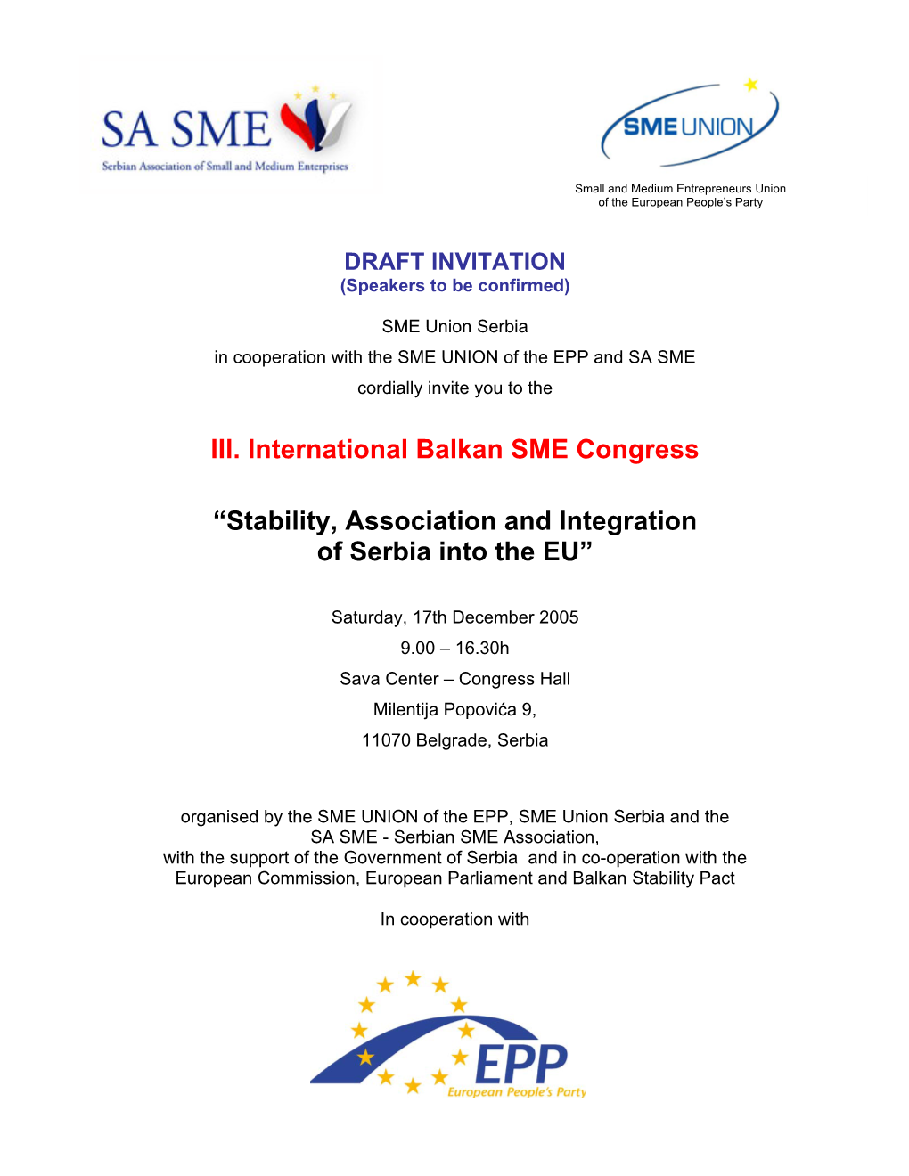 III. International Balkan SME Congress “Stability, Association and Integration of Serbia Into The
