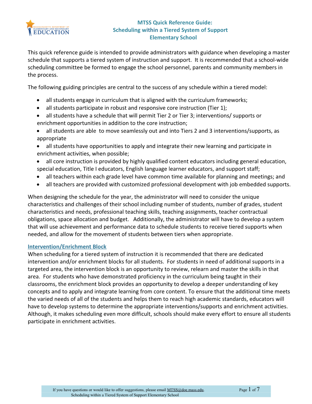 Quick Reference Guide: Scheduling Within a Tiered System of Support - Elementary School