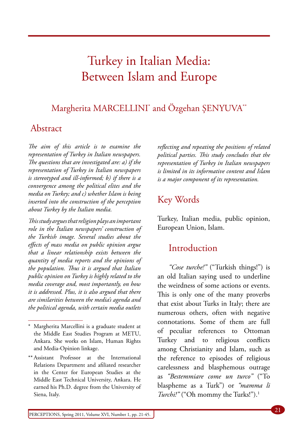 Turkey in Italian Media: Between Islam and Europe
