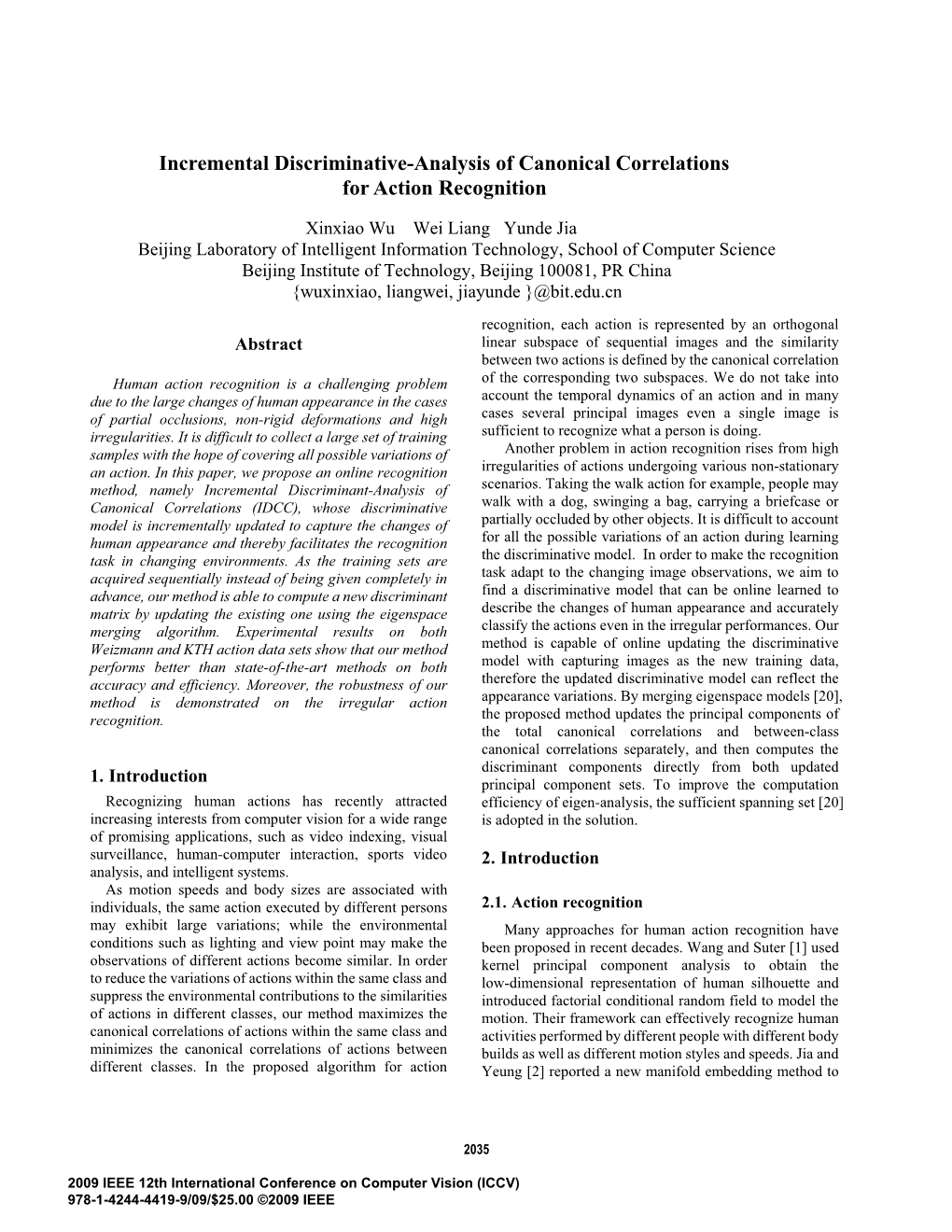 Incremental Discriminative-Analysis of Canonical Correlations for Action Recognition