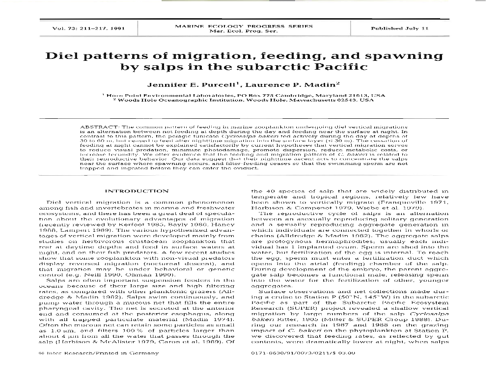 Diel Patterns of Migration, Feeding, and Spawning by Salps in the Subarctic Pacific