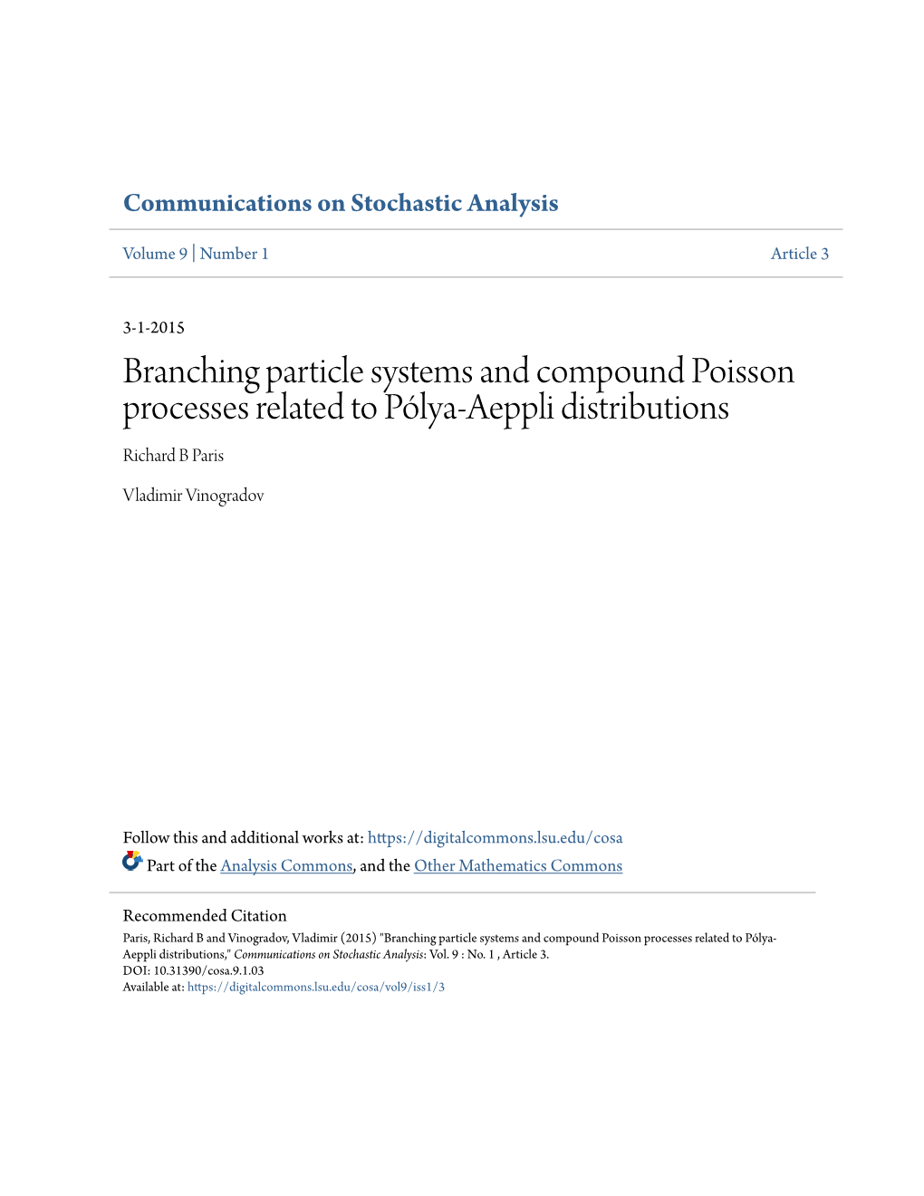 Branching Particle Systems and Compound Poisson Processes Related to Pólya-Aeppli Distributions Richard B Paris