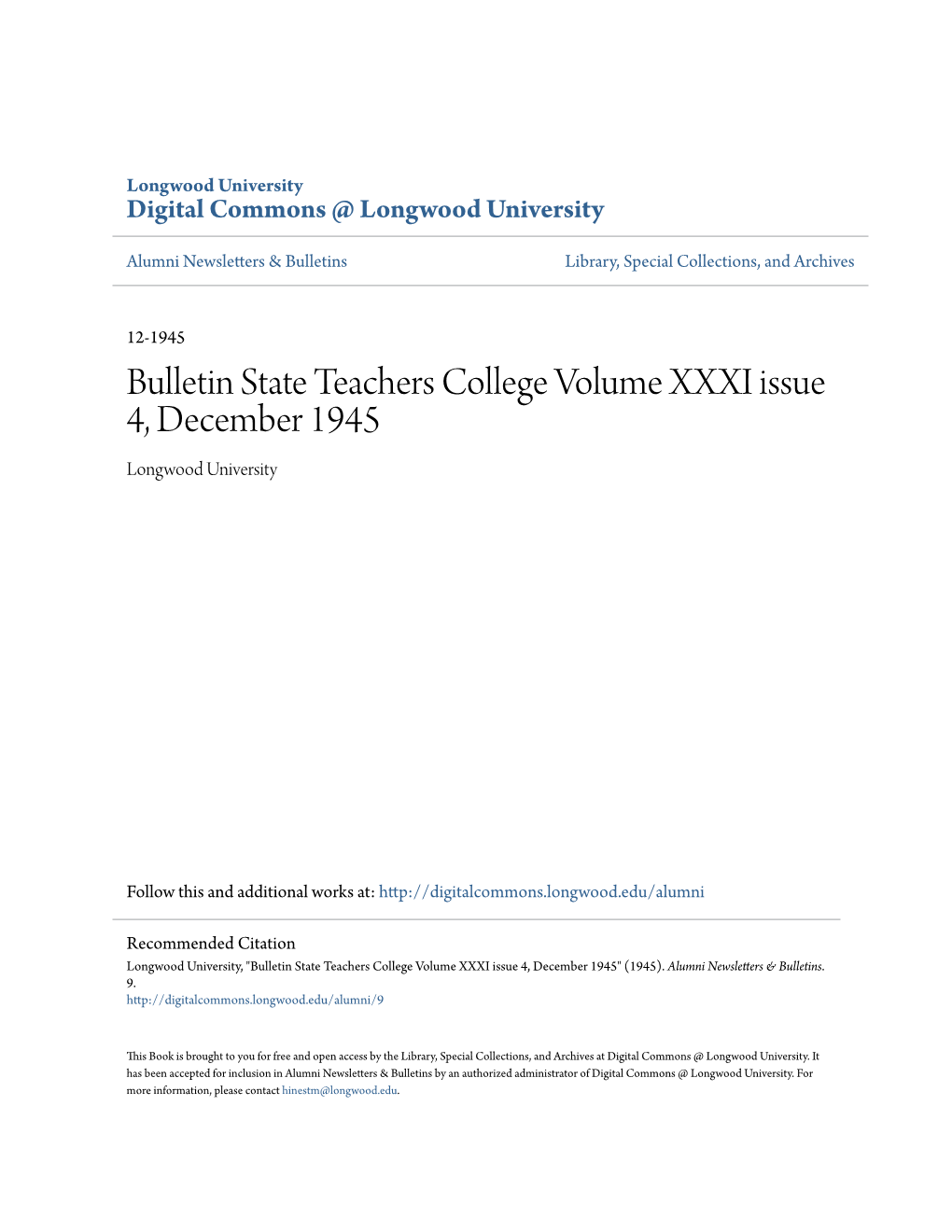 Bulletin State Teachers College Volume XXXI Issue 4, December 1945 Longwood University