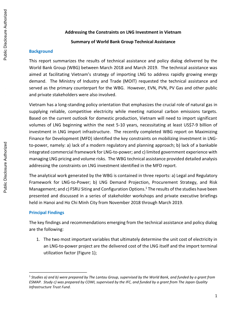 Addressing the Constraints on LNG Investment in Vietnam Summary of World Bank Group Technical Assistance Background