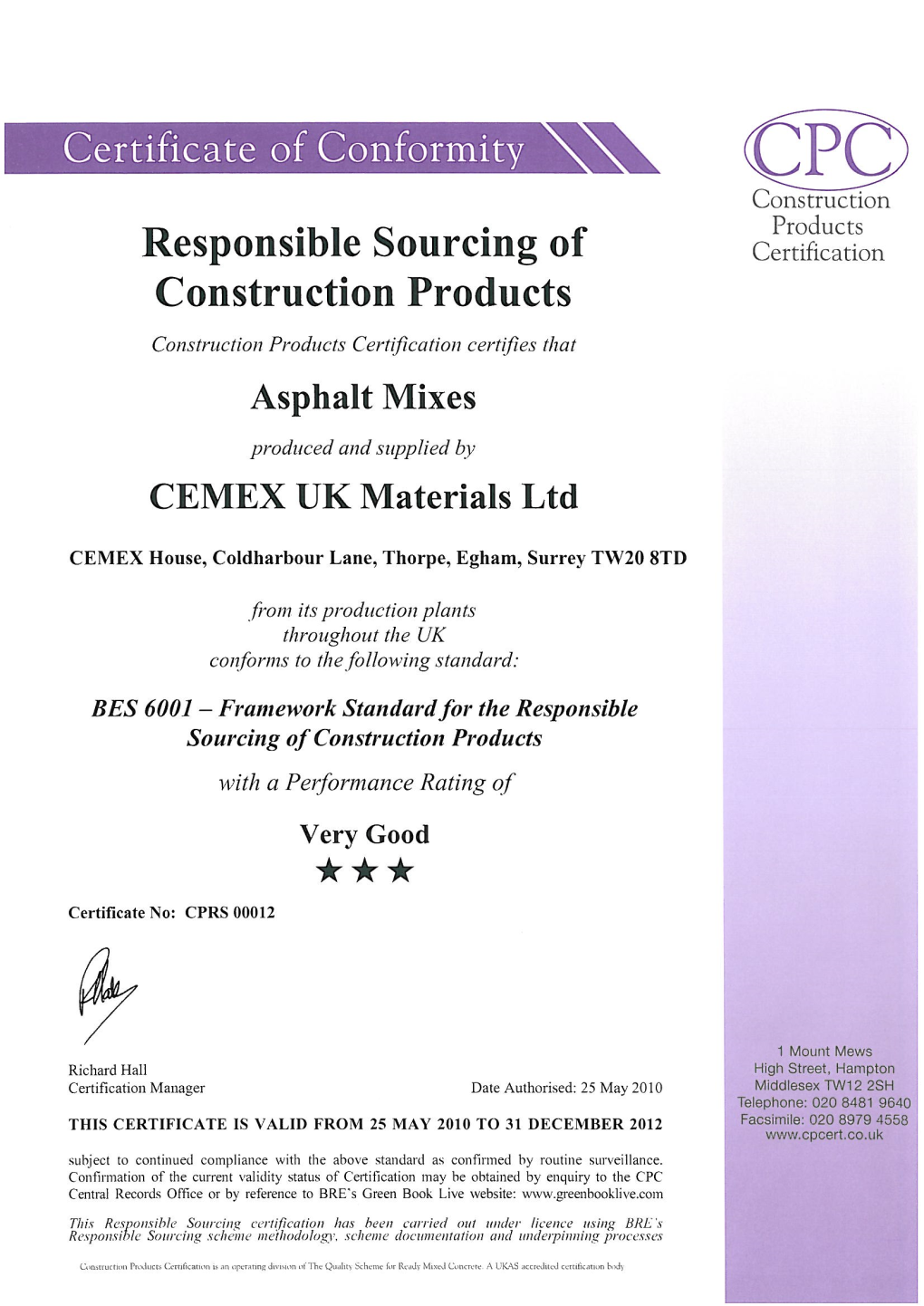 Certificate CPRS00012 CEMEX