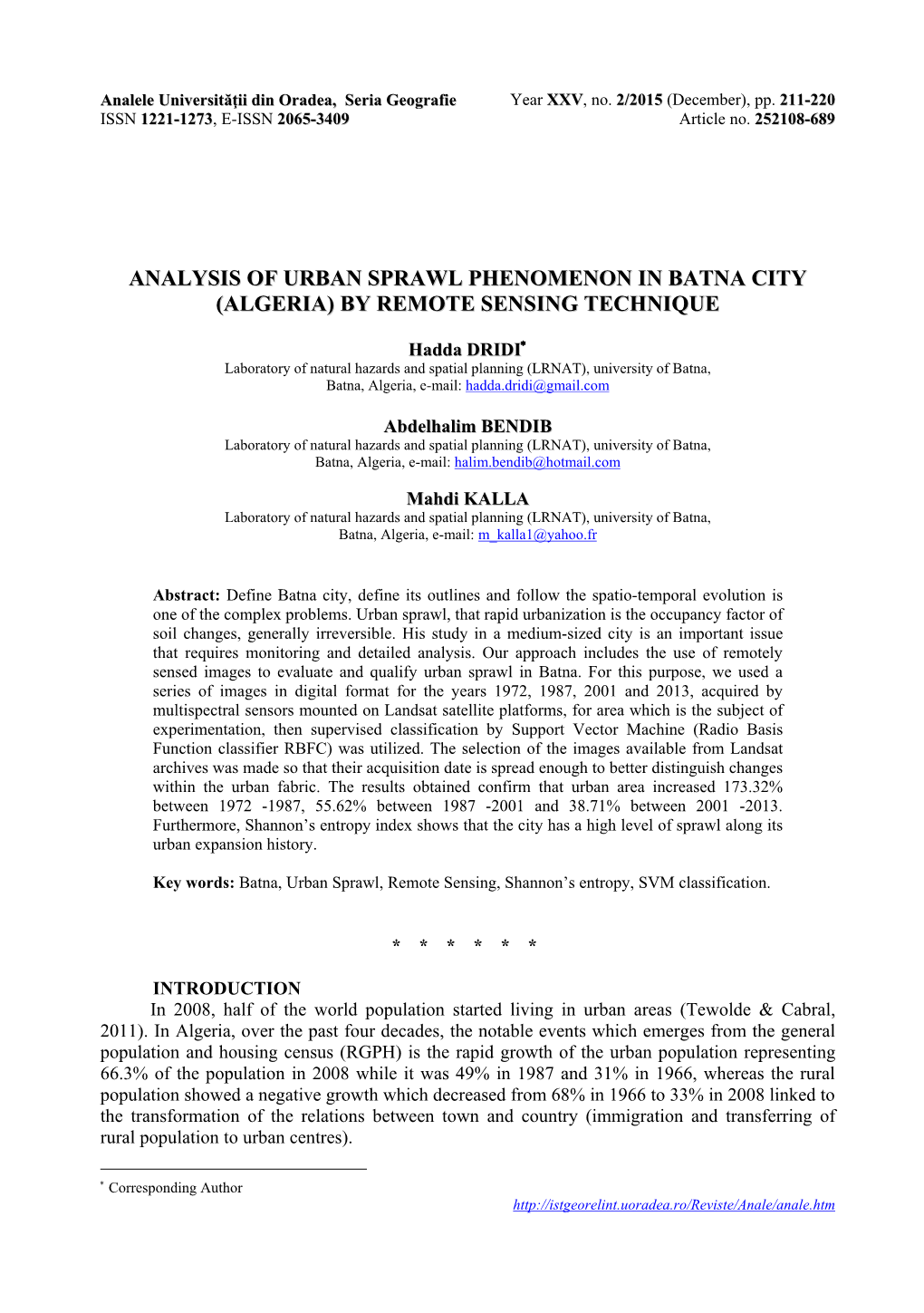 Analysis of Urban Sprawl Phenomenon in Batna City (Algeria) by Remote Sensing Technique