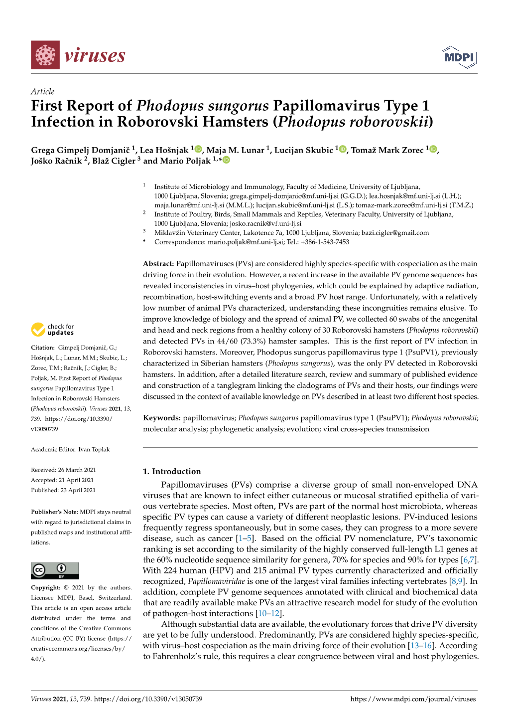 First Report of Phodopus Sungorus Papillomavirus Type 1 Infection in Roborovski Hamsters (Phodopus Roborovskii)