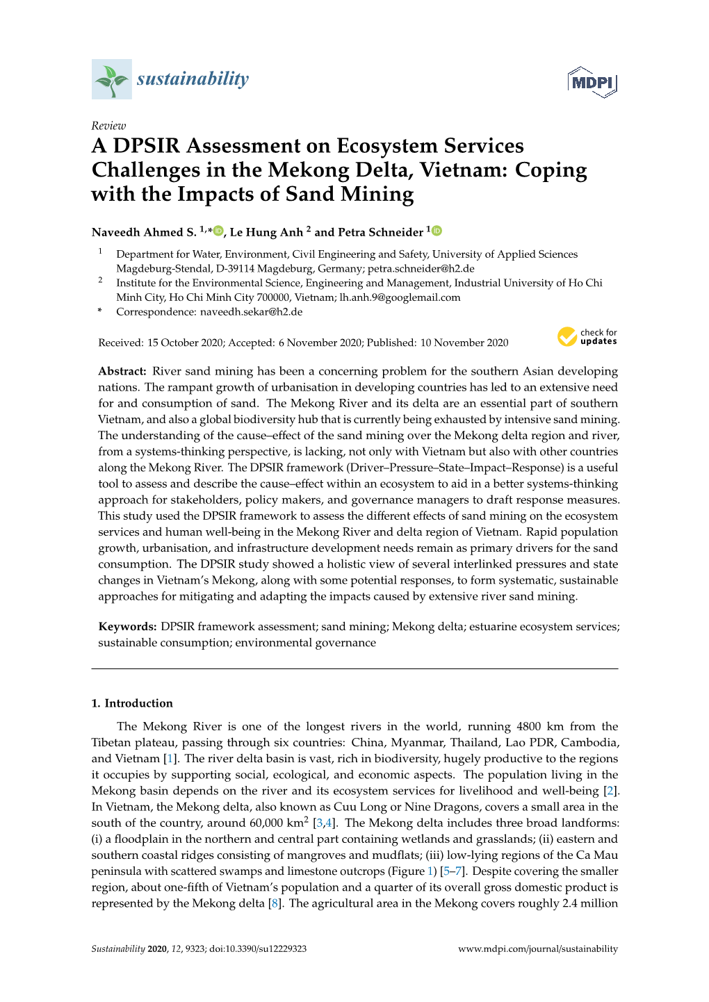 A DPSIR Assessment on Ecosystem Services Challenges in the Mekong Delta, Vietnam: Coping with the Impacts of Sand Mining