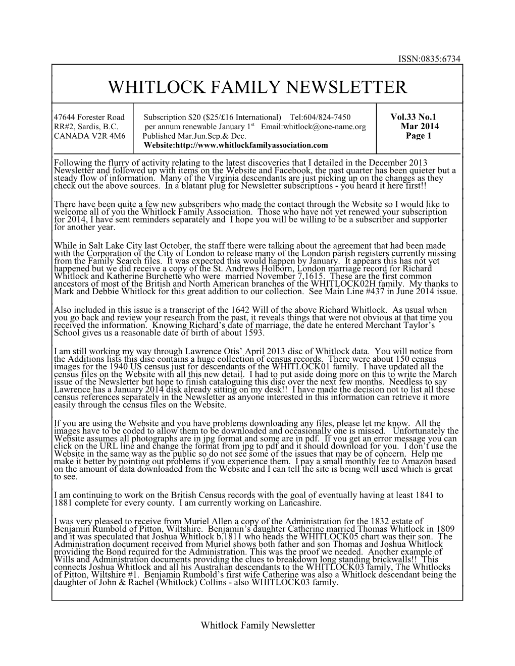 Whitlock Family Newsletter