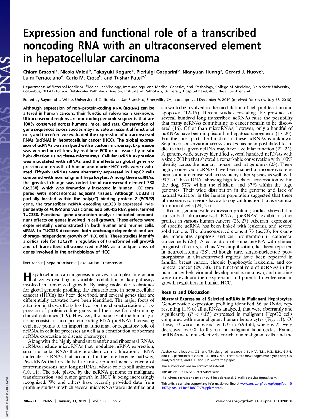 Expression and Functional Role of a Transcribed Noncoding RNA with an Ultraconserved Element in Hepatocellular Carcinoma