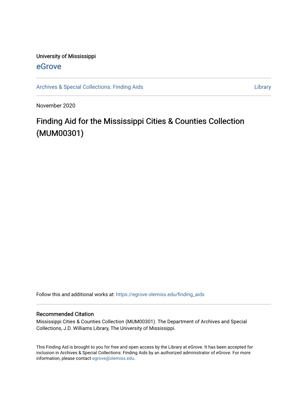 Finding Aid for the Mississippi Cities & Counties Collection