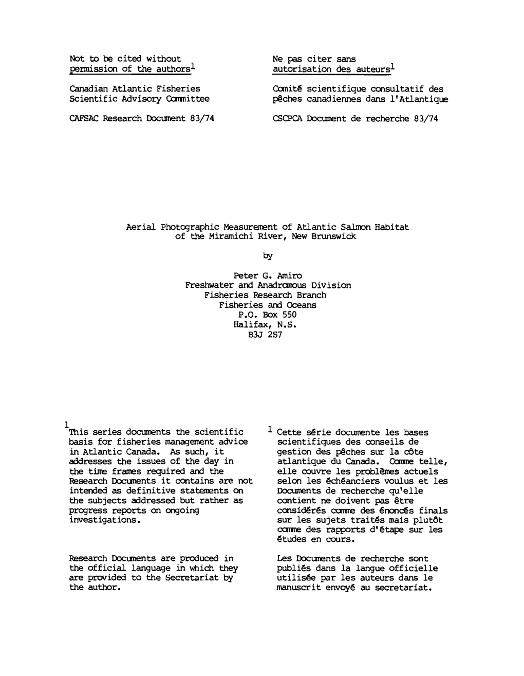 Not to Be Cited Without Permission of the Authors I Canadian Atlantic Fisheries Scientific Advisory Ocmmittee CAFSAC Research Do