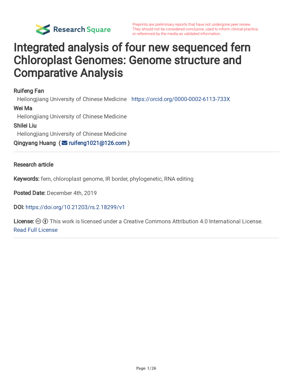 Integrated Analysis of Four New Sequenced Fern Chloroplast Genomes: Genome Structure and Comparative Analysis