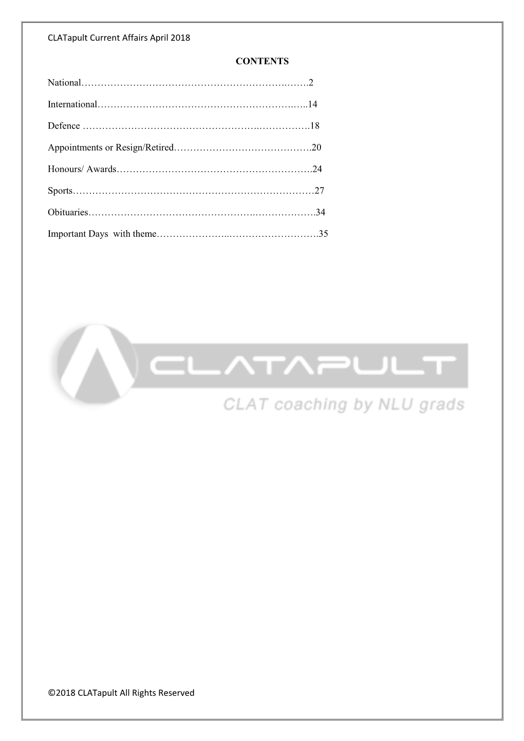 Clatapult Current Affairs April 2018 ©2018 Clatapult All Rights Reserved CONTENTS National………………………………