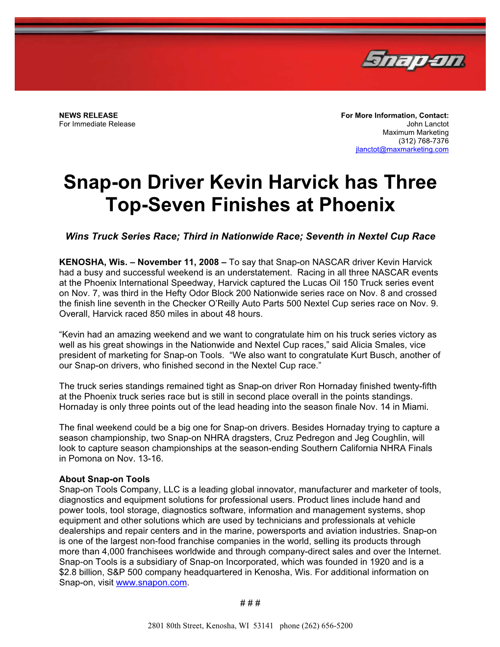 Snap-On Driver Kevin Harvick Has Three Top-Seven Finishes at Phoenix