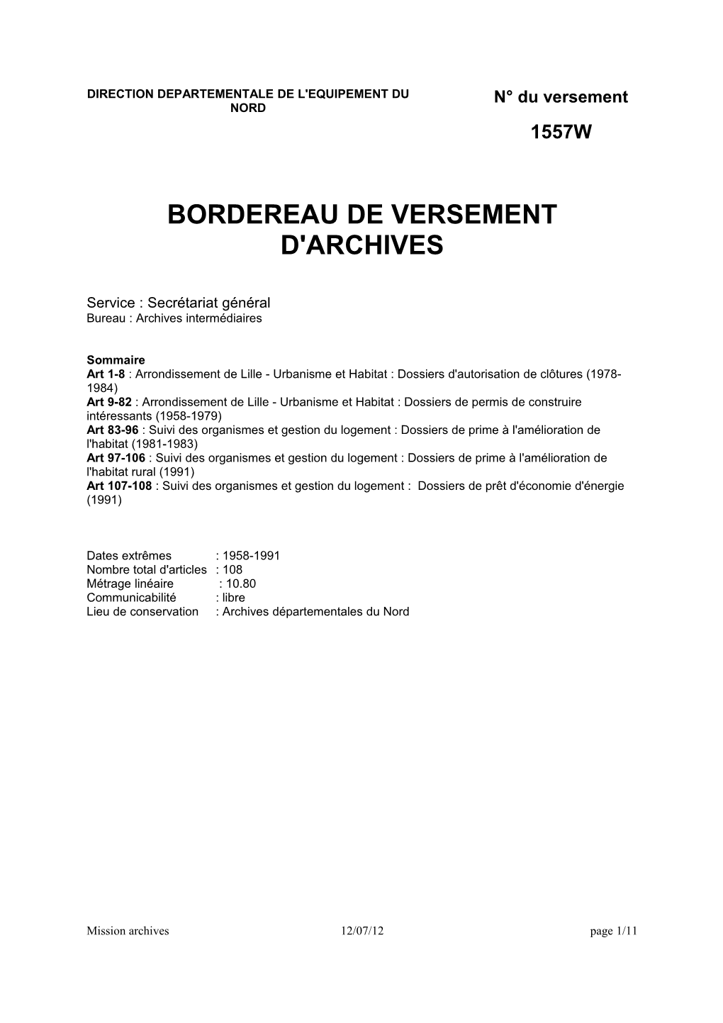 Répertoire D'archives Détaillé : DDE Du Nord : Permis De Construire Lille
