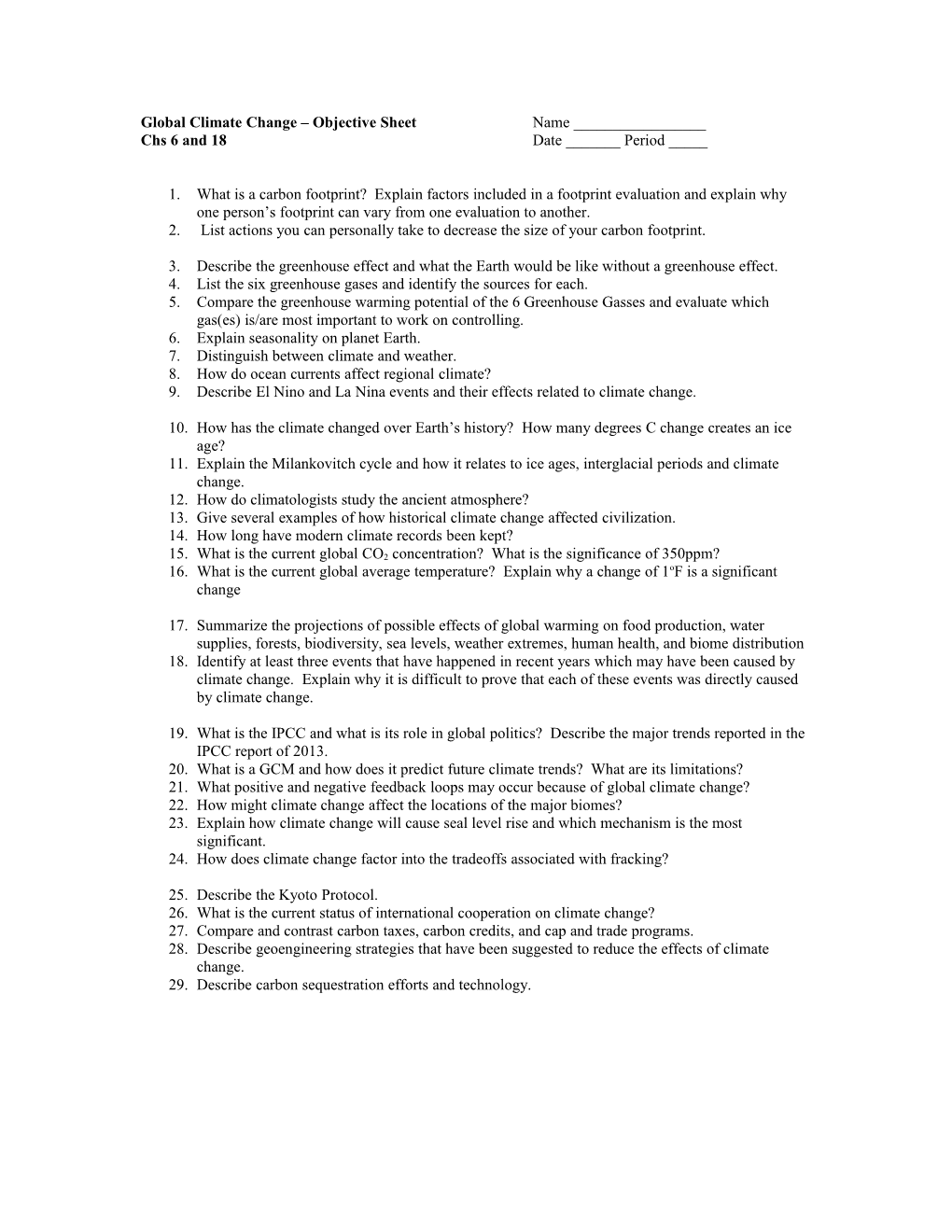 Global Climate Change Objective Sheet