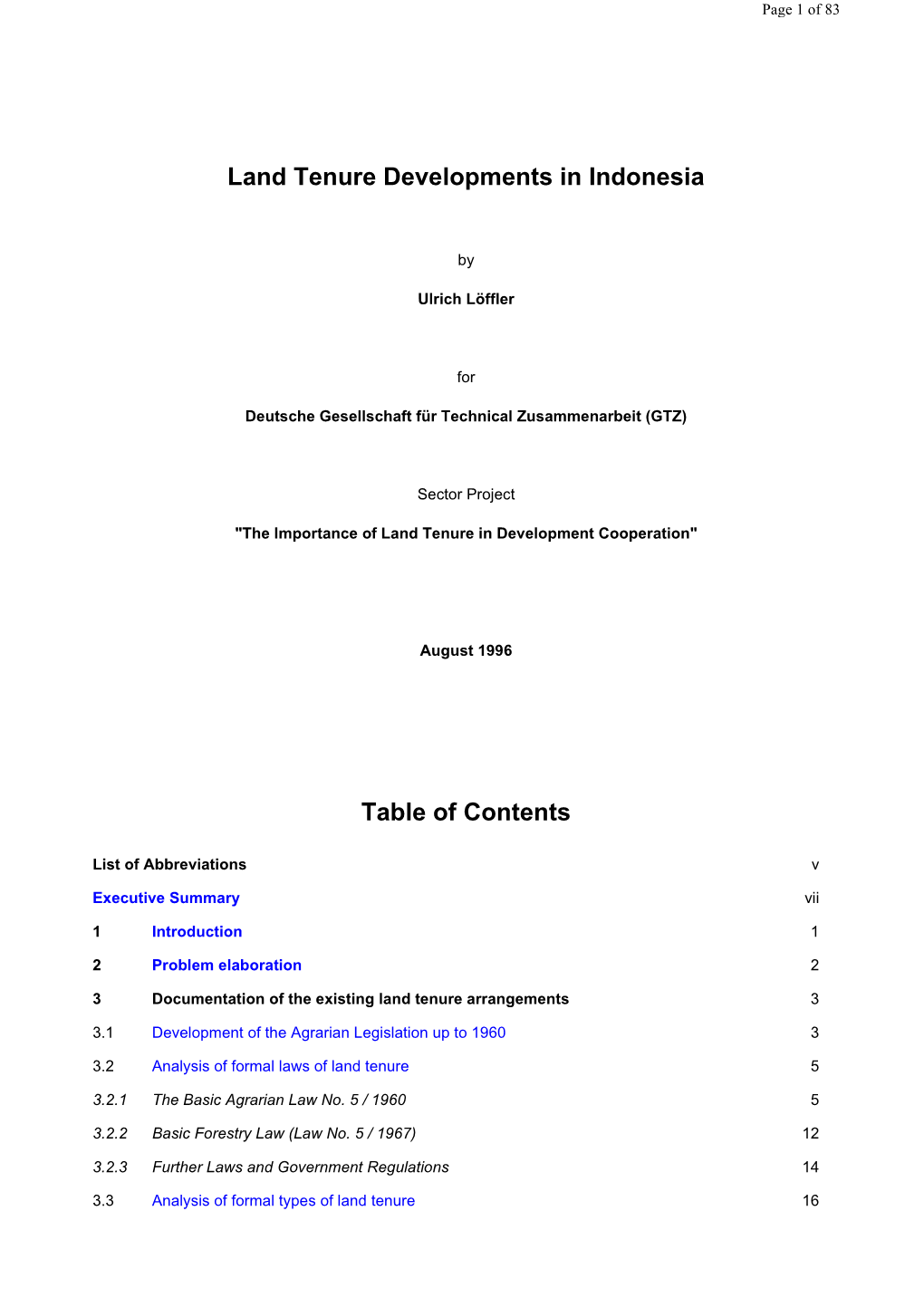 Land Tenure Developments in Indonesia Table of Contents