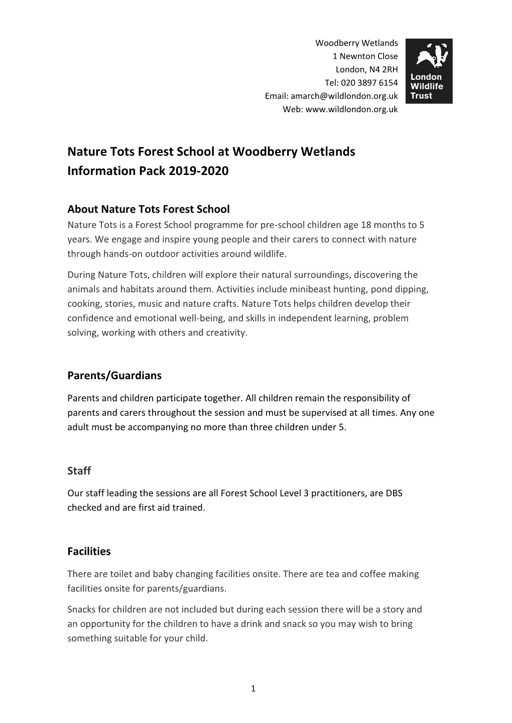 Nature Tots Forest School at Woodberry Wetlands Information Pack 2019-2020
