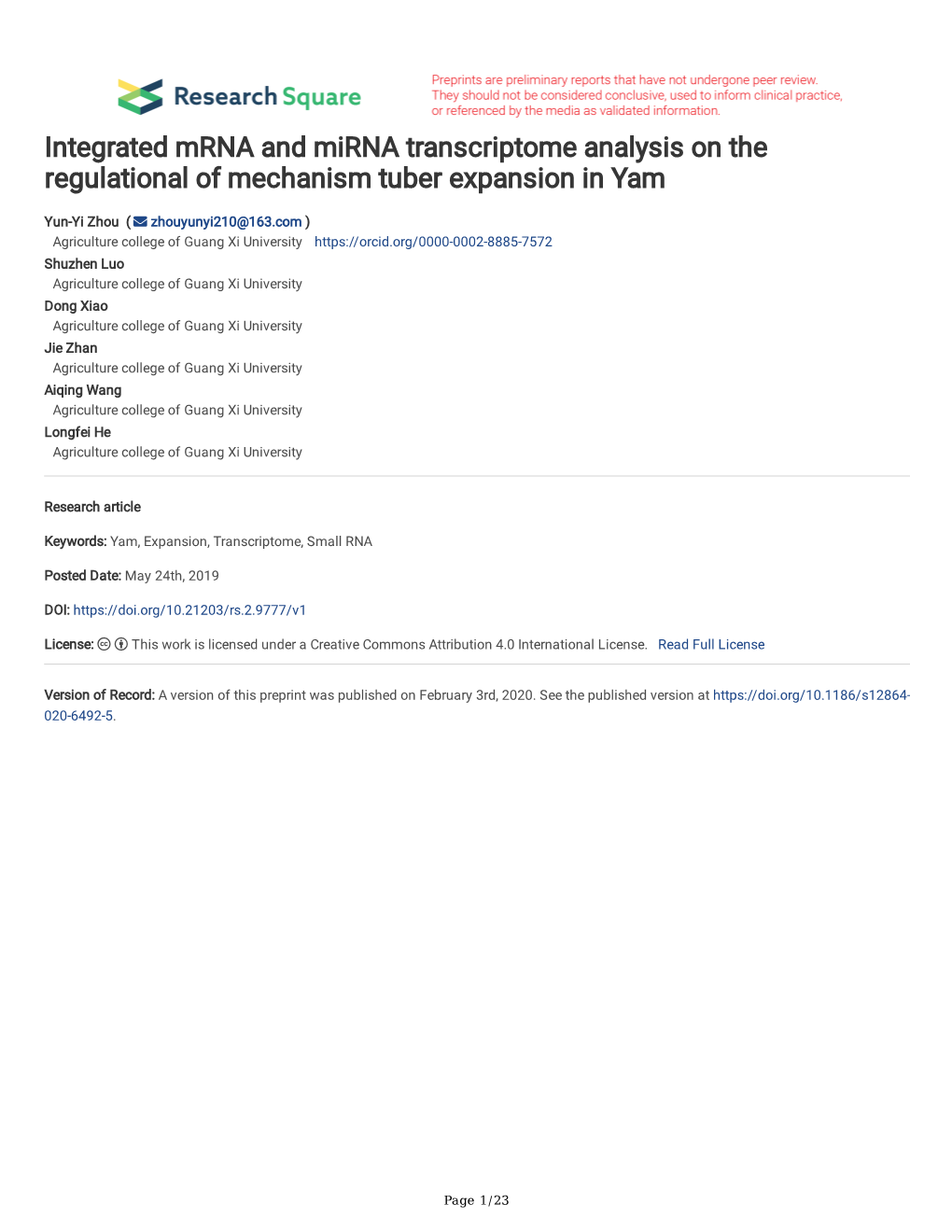 Integrated Mrna and Mirna Transcriptome Analysis on the Regulational of Mechanism Tuber Expansion in Yam