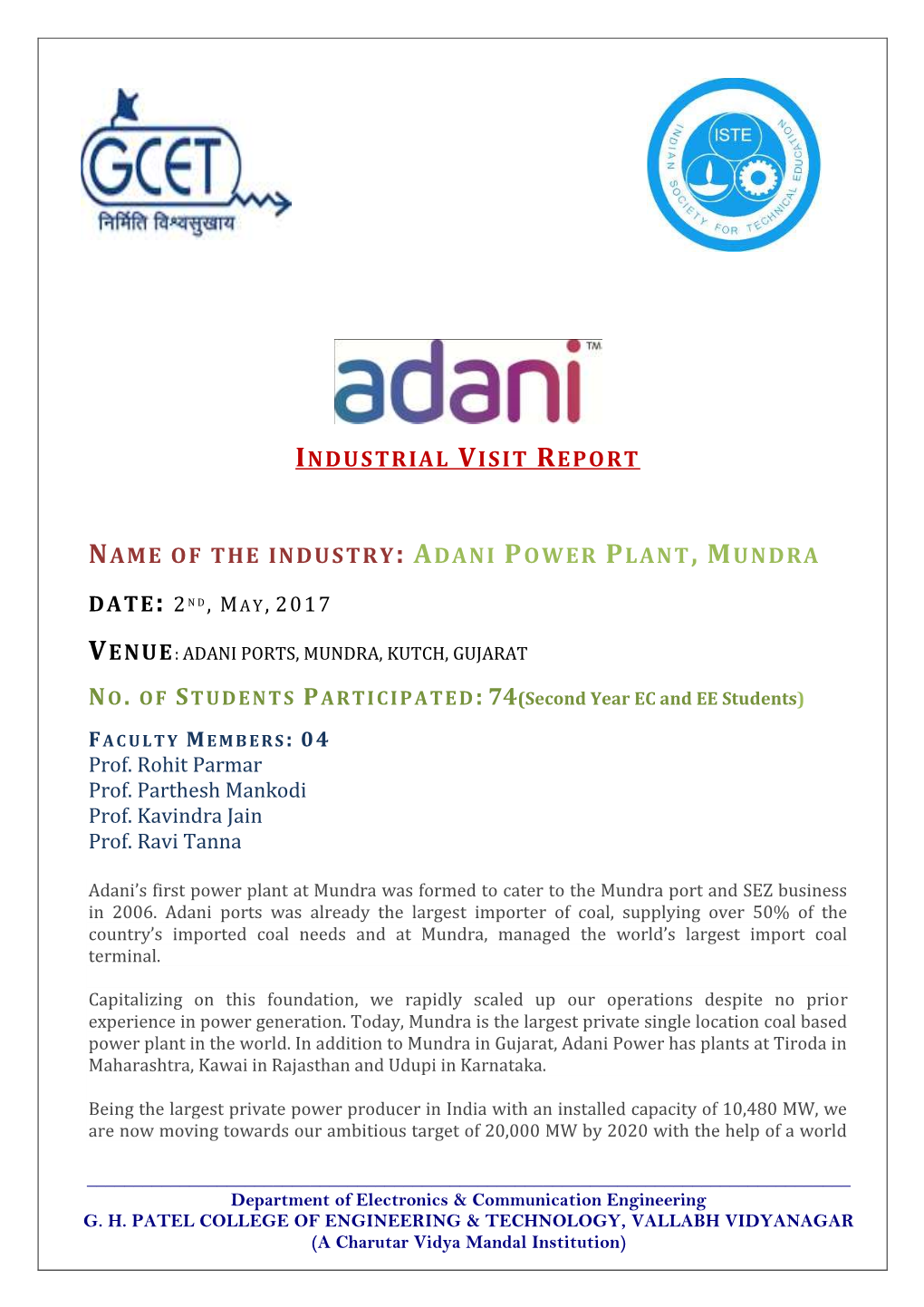 Name of the Industry: Adani Power Plant, Mundra