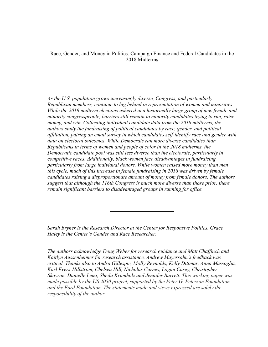 Race, Gender, and Money in Politics: Campaign Finance and Federal Candidates in the 2018 Midterms