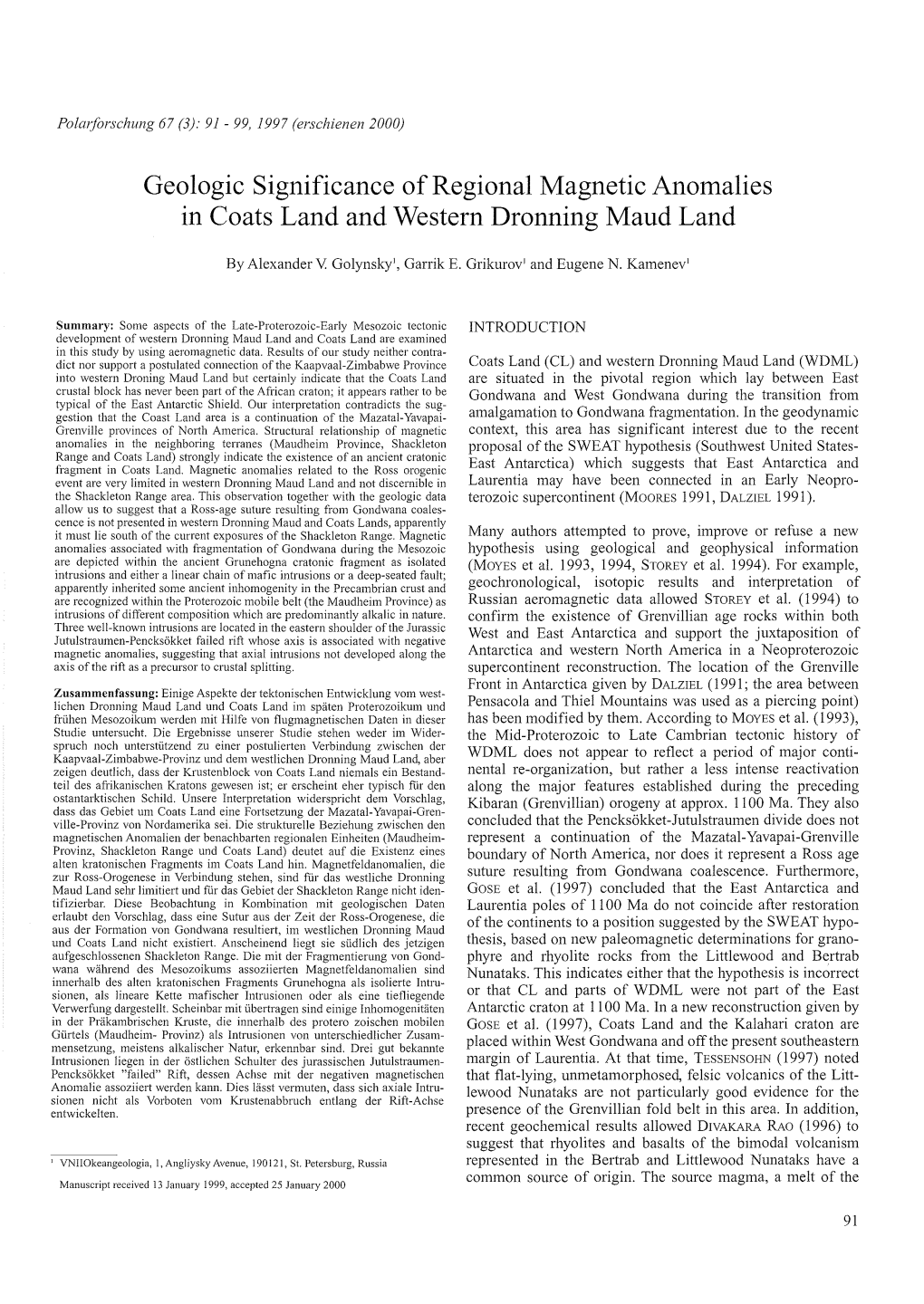 Geologie Signifieanee of Regional Magnetie Anomalies in Coats Land