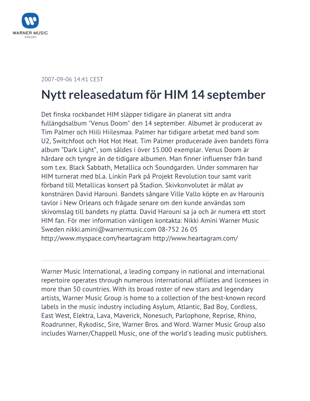 Nytt Releasedatum För HIM 14 September