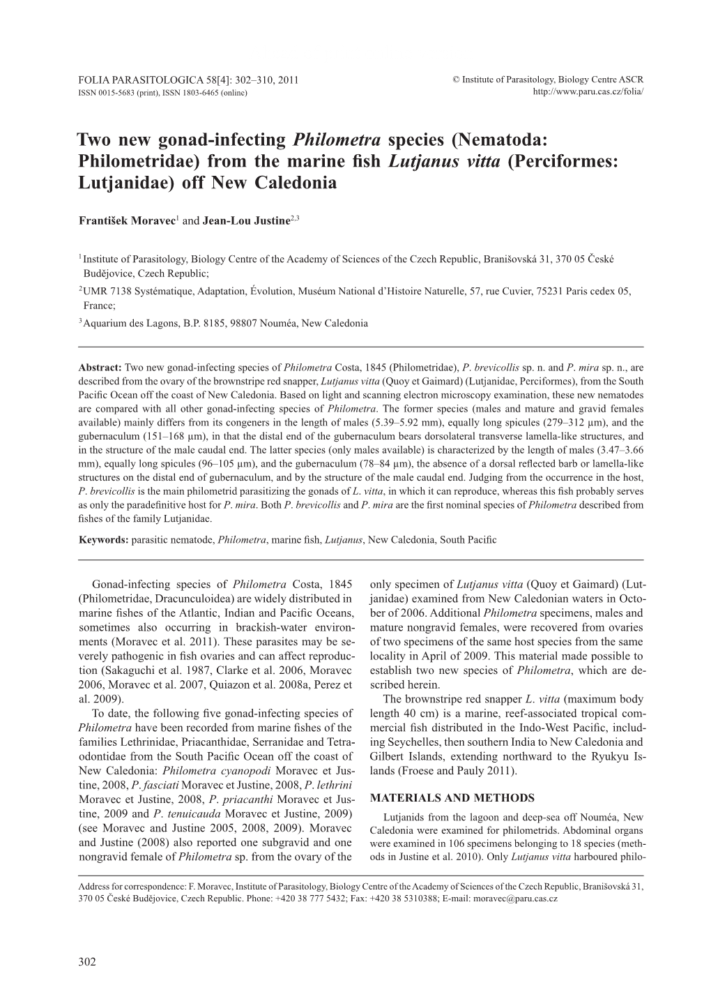 Ahead of Print Online Version Two New Gonad-Infecting Philometra Species