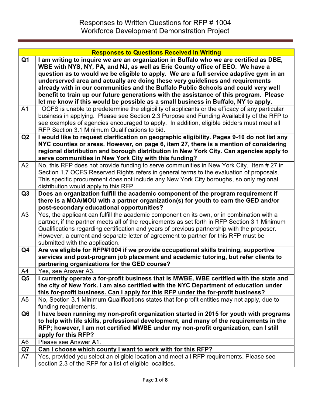 RFP 1004 Written Questions and Answers