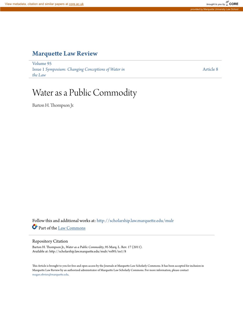 Water As a Public Commodity Barton H