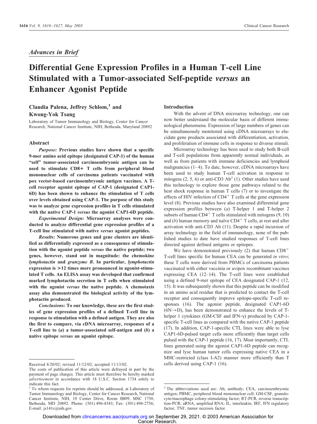 Differential Gene Expression Profiles in a Human T-Cell Line Stimulated with a Tumor-Associated Self-Peptide Versus an Enhancer Agonist Peptide