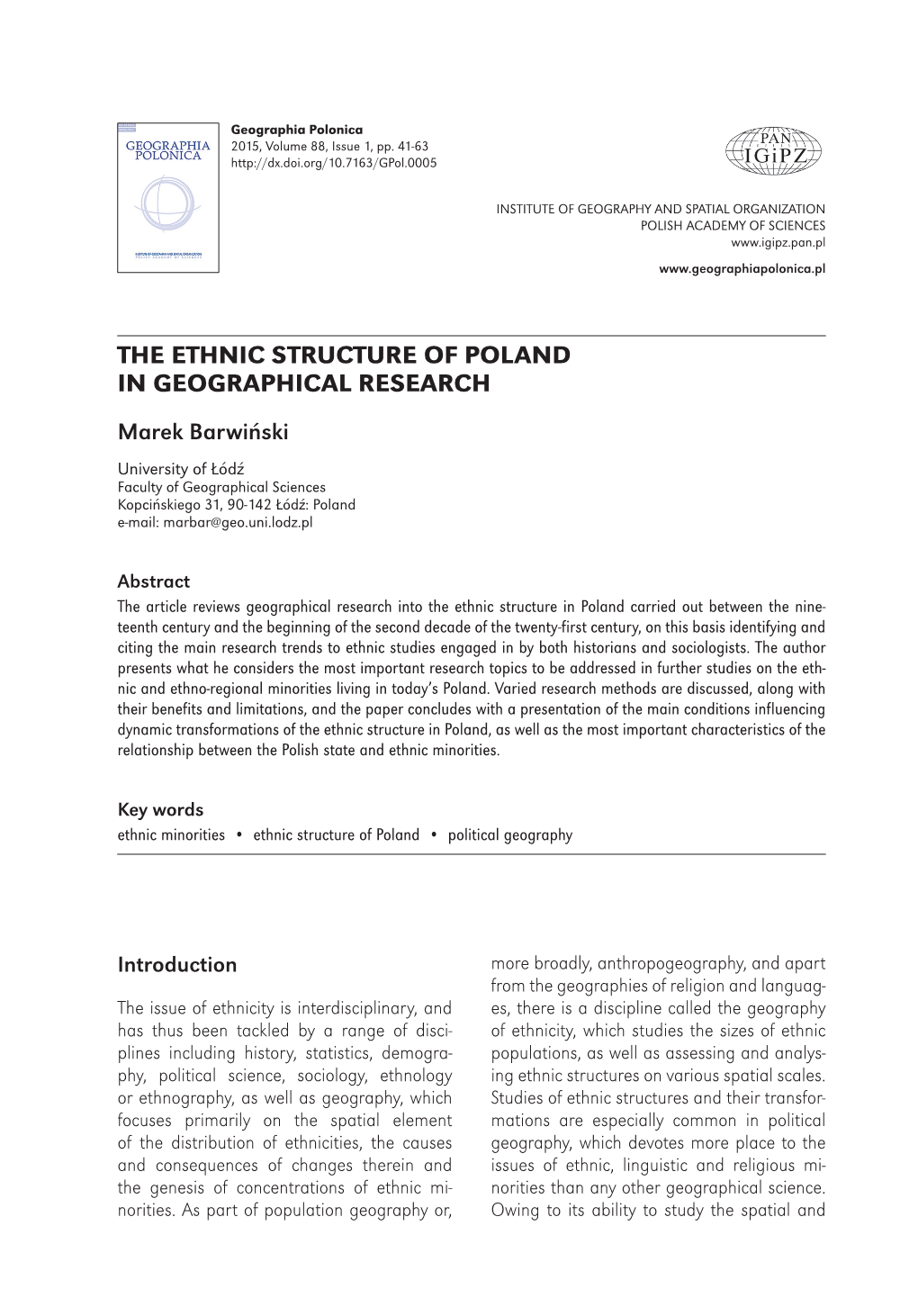 The Ethnic Structure of Poland in Geographical Research