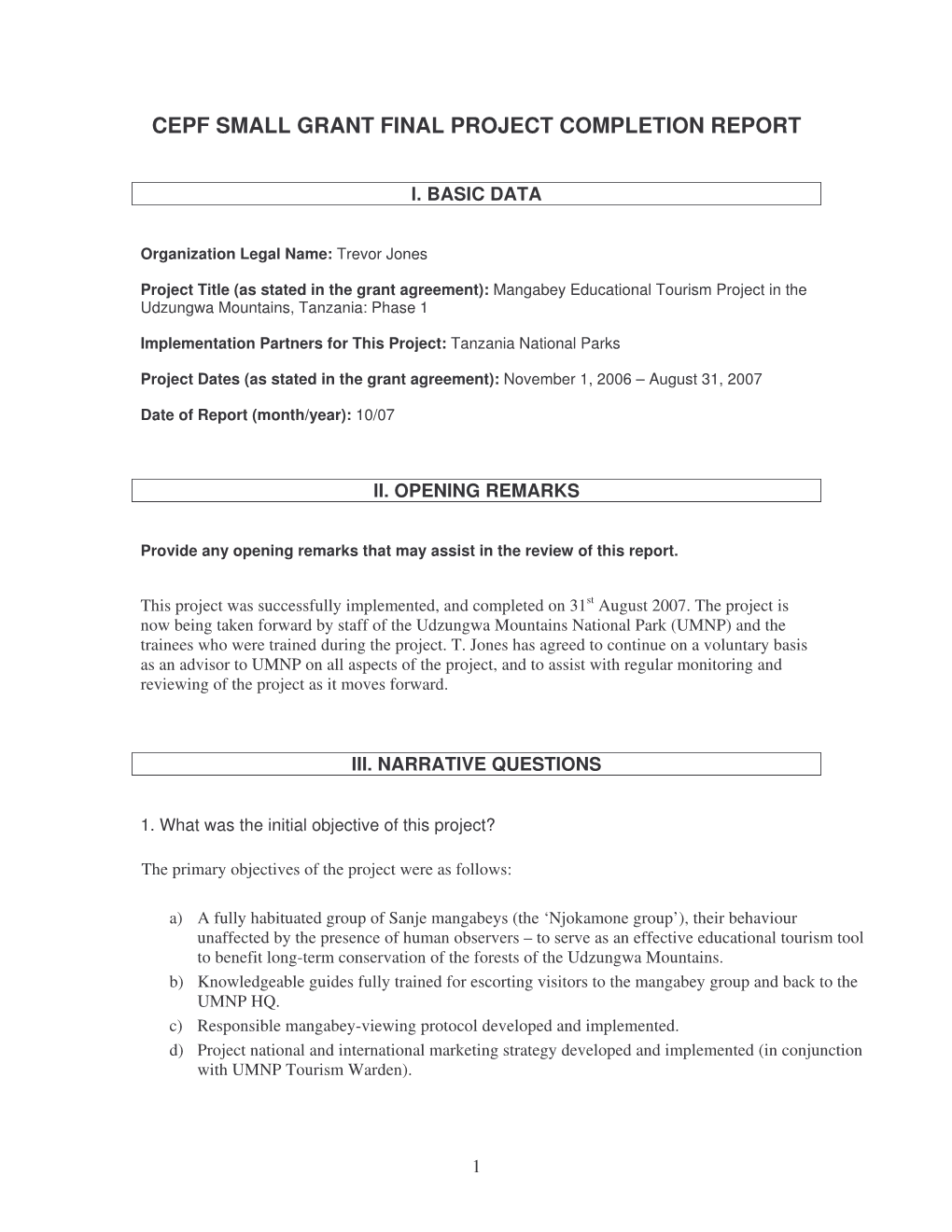 Mangabey Tourism Phase 1 Final Report