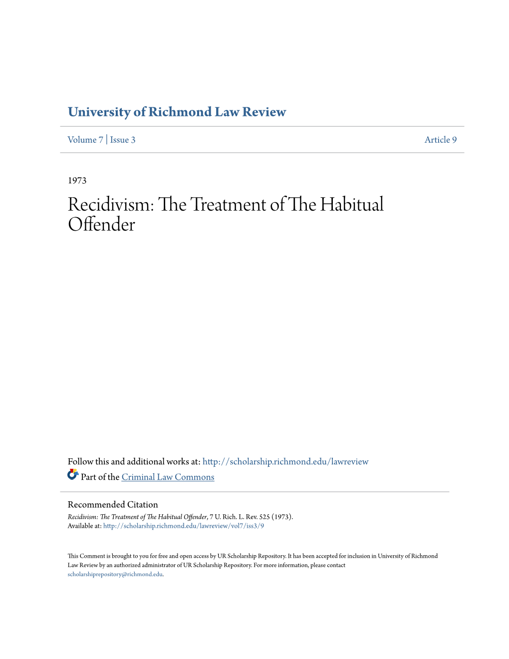 Recidivism: the Treatment of the Habitual Offender, 7 U