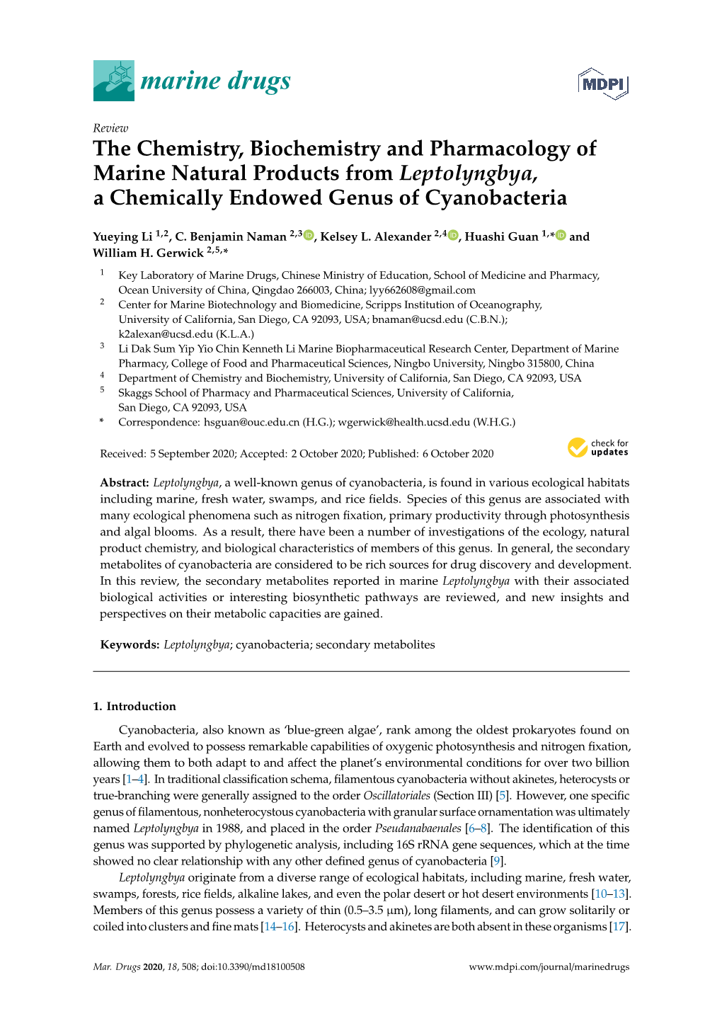 The Chemistry, Biochemistry and Pharmacology of Marine Natural Products from Leptolyngbya, a Chemically Endowed Genus of Cyanobacteria