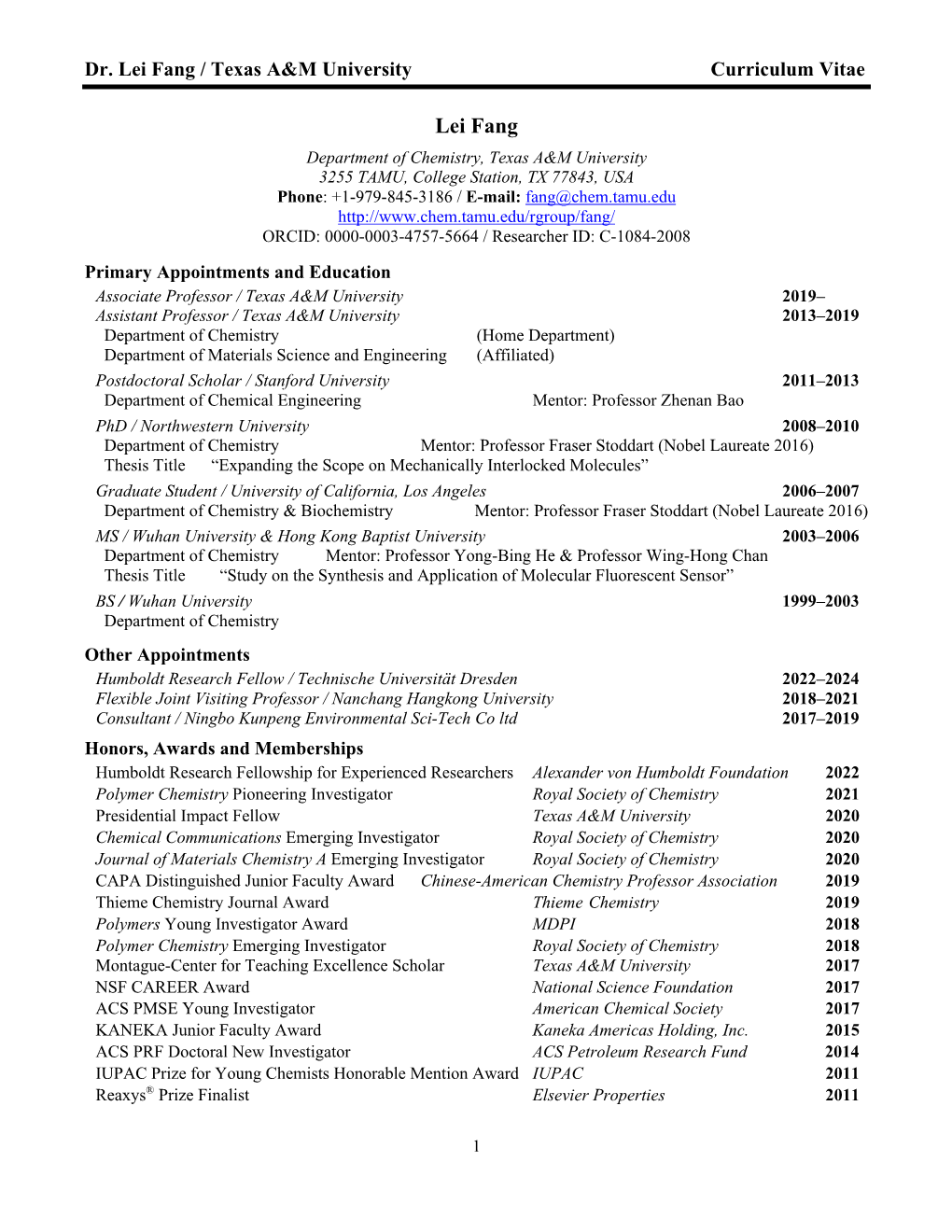 Dr. Lei Fang / Texas A&M University Curriculum Vitae